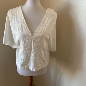 Zara Women’s Top Size Small White Linen Blend V Neck Short Sleeve Blouse Popover